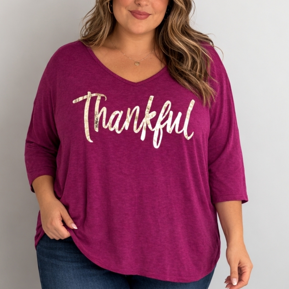 St John's Bay Magenta "Thankful" Graphic Tee 3/4 Sleeve Holiday Top Size 2X